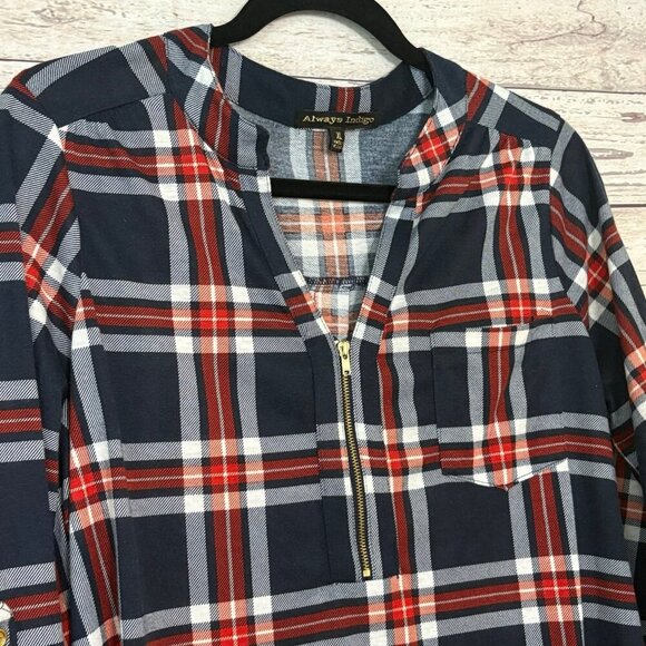 Always Indigo Half Zip Plaid Blouse XL - Picture 4 of 10